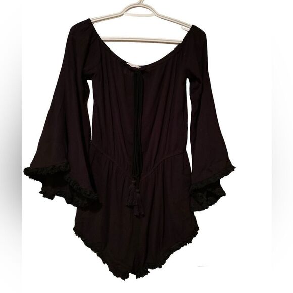 DeeDee Off The Shoulder Black Romper Size Medium Tassels and Fringe Bell Sleeves - Picture 1 of 11